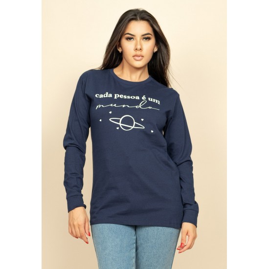 Camiseta de Algodão Manga Longa Cada Pessoa é um Mundo Azul Marinho