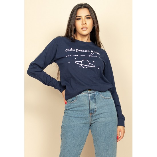Camiseta de Algodão Manga Longa Cada Pessoa é um Mundo Azul Marinho