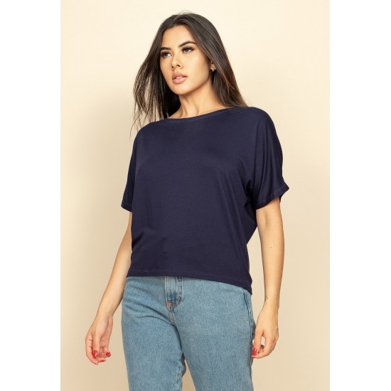 Blusa Básica Morcego Malha Gola Canoa Manga Curta Azul Marinho