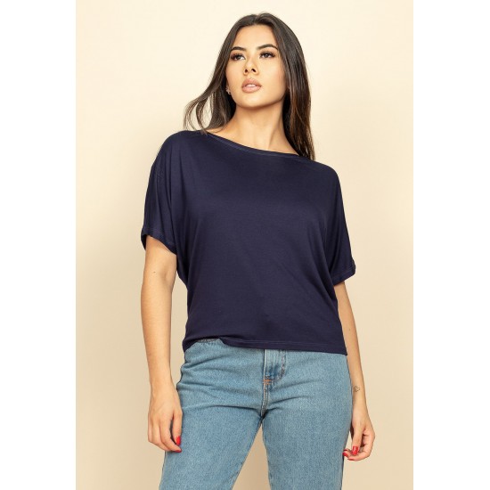 Blusa Básica Morcego Malha Gola Canoa Manga Curta Azul Marinho