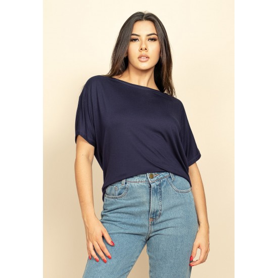 Blusa Básica Morcego Malha Gola Canoa Manga Curta Azul Marinho