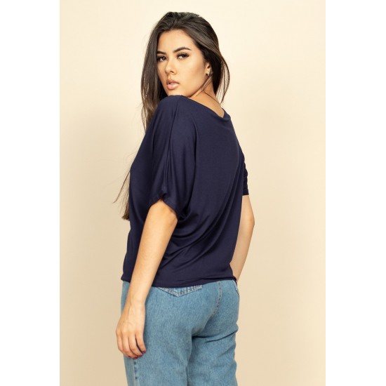 Blusa Básica Morcego Malha Gola Canoa Manga Curta Azul Marinho