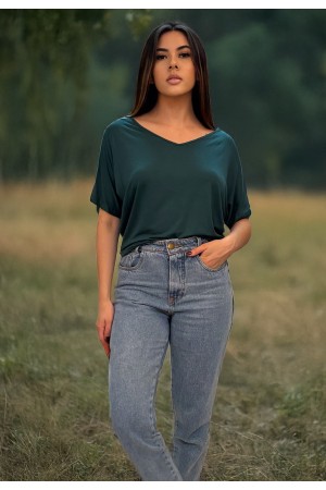 Blusa Básica Morcego Malha Gola V Manga Curta Verde Musgo
