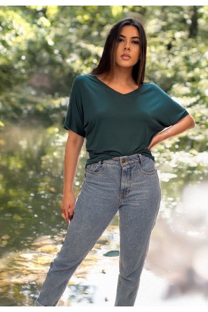 Blusa Básica Morcego Malha Gola V Manga Curta Verde Musgo