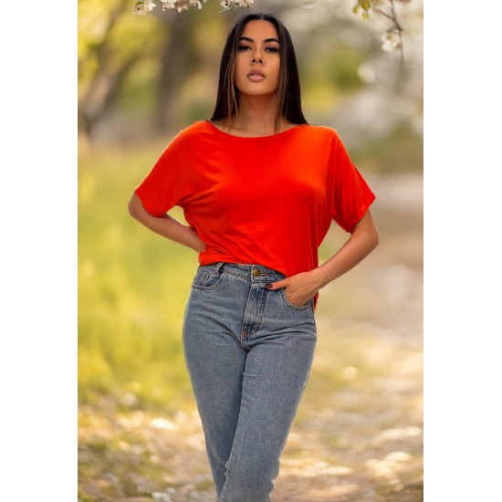 Blusa Básica Morcego Malha Gola Canoa Manga Curta Laranja