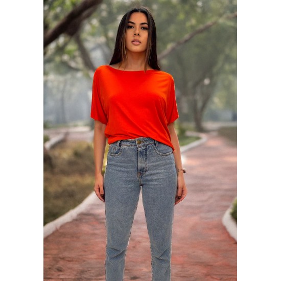 Blusa Básica Morcego Malha Gola Canoa Manga Curta Laranja