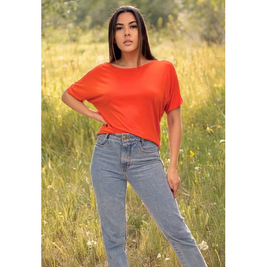 Blusa Básica Morcego Malha Gola Canoa Manga Curta Laranja