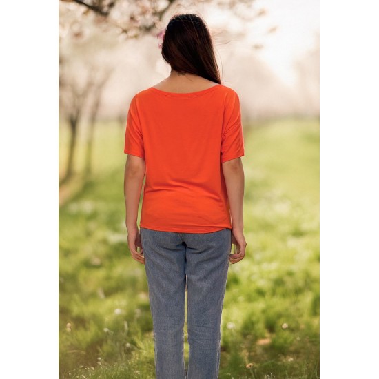 Blusa Básica Morcego Malha Gola Canoa Manga Curta Laranja