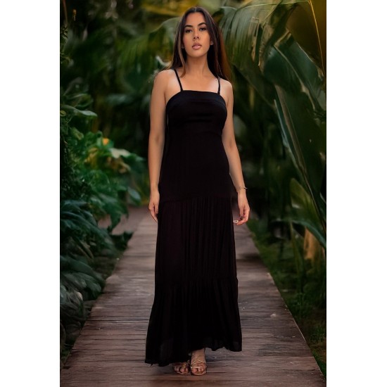 Vestido Longo Viscose Alça Fina Preto
