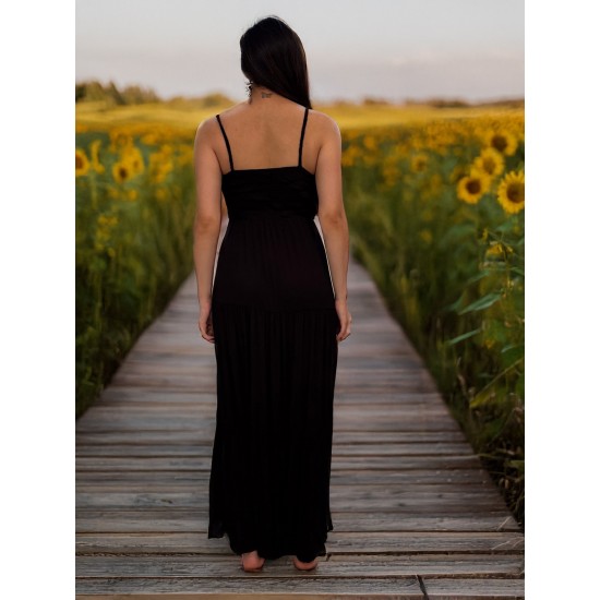 Vestido Longo Viscose Alça Fina Preto