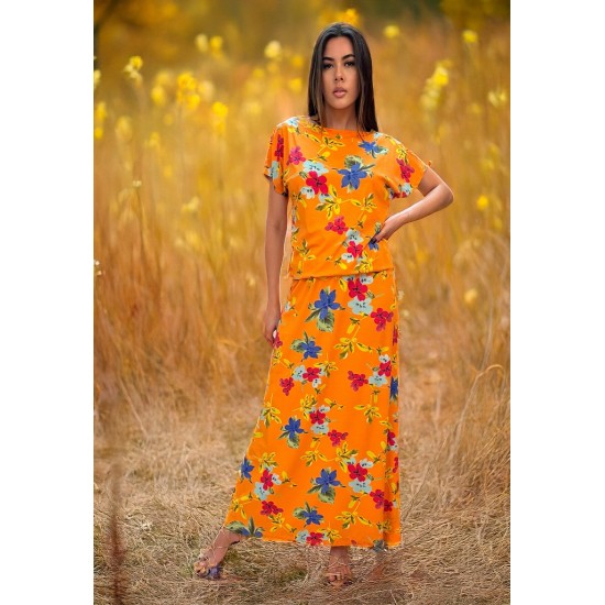 Vestido Longo Morcego Malha Estampa Laranja Floral