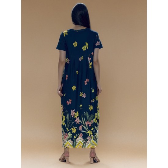 Vestido Midi Abapã Malha com Bolso Floresce Azul