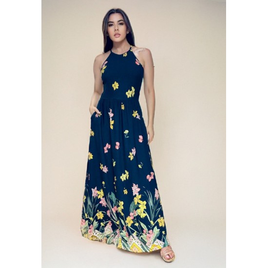 Vestido Longo Jennifer Malha Trapézio com Bolso Floresce Azul