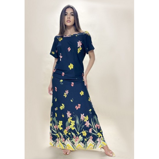 Vestido Longo Morcego Malha Floresce Azul
