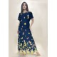 Vestido Longo Morcego Malha Floresce Azul