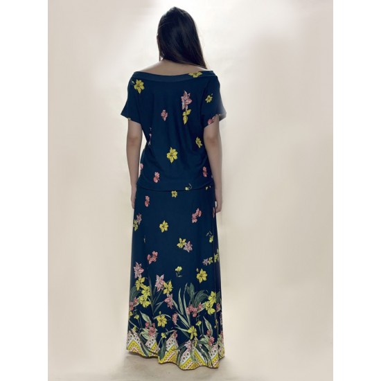 Vestido Longo Morcego Malha Floresce Azul