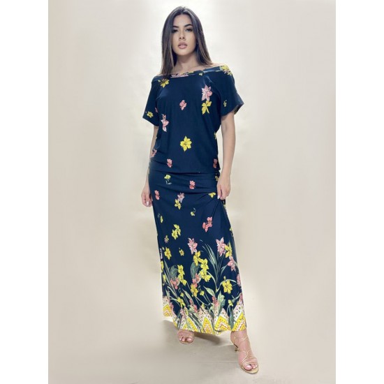 Vestido Longo Morcego Malha Floresce Azul