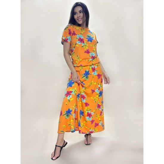 Vestido Longo Morcego Malha Estampa Laranja Floral