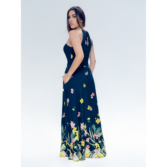 Vestido Longo Jennifer Malha Trapézio com Bolso Floresce Azul