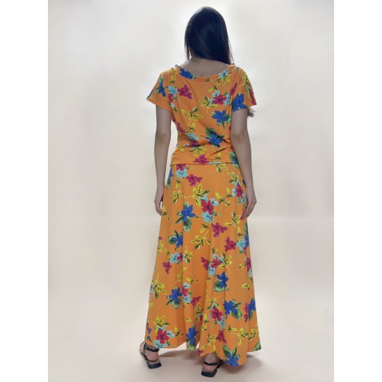 Vestido Longo Morcego Malha Estampa Laranja Floral