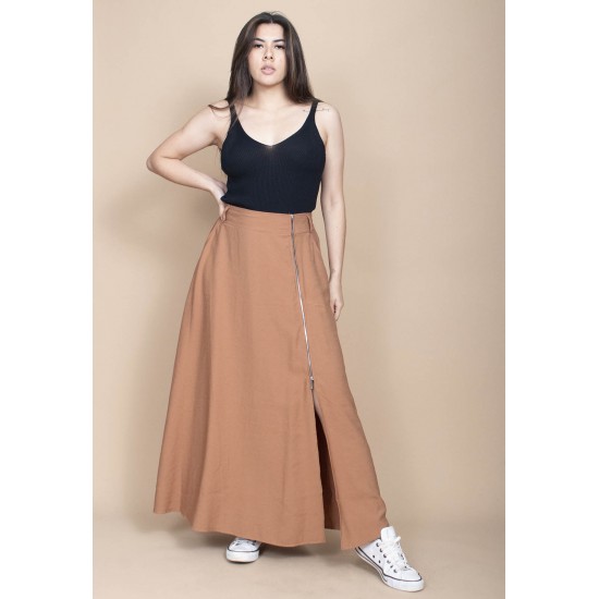 Saia Midi com Zíper Caramelo