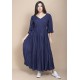 Vestido Longo Plano com Manga e Camadas Azul Marinho