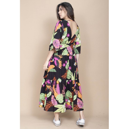 Vestido Longo Plano com Manga e Camadas Estampa Noite Botânica