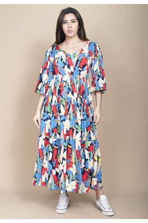 Vestido Longo Plano com Manga e Camadas Estampa Floresce