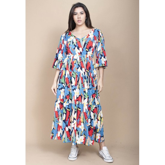 Vestido Longo Plano com Manga e Camadas Estampa Floresce