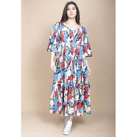 Vestido Longo Plano com Manga e Camadas Estampa Floresce