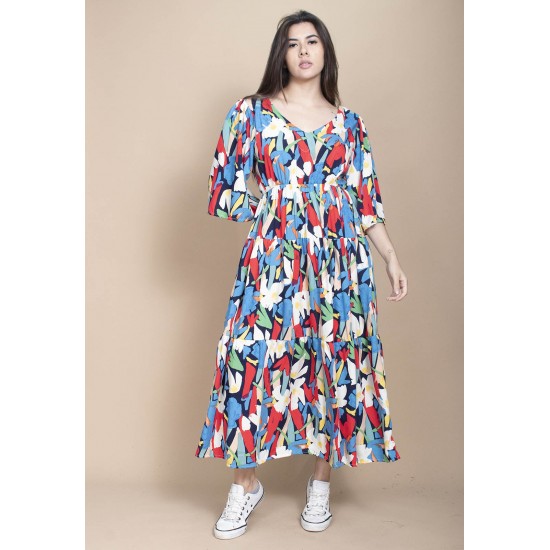 Vestido Longo Plano com Manga e Camadas Estampa Floresce