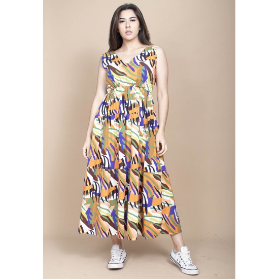 Vestido Regata Longo Peri Viscose Camadas Estampa Cores Vibrante