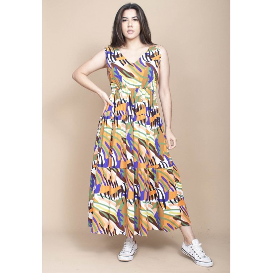 Vestido Regata Longo Peri Viscose Camadas Estampa Cores Vibrante