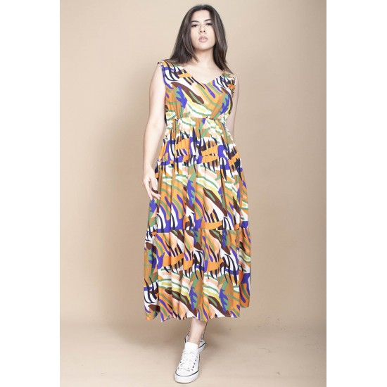 Vestido Regata Longo Peri Viscose Camadas Estampa Cores Vibrante