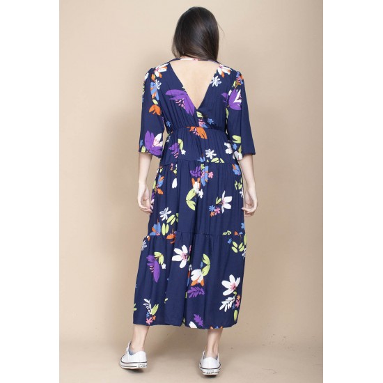 Vestido Longo Plano com Manga e Camadas Estampa Festa das Flores Azul
