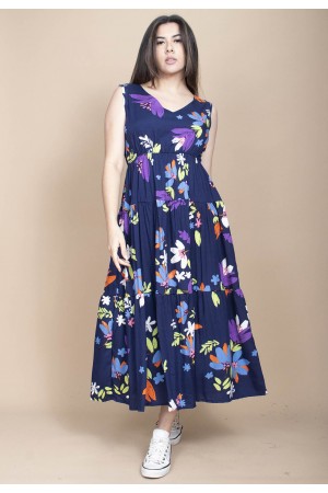 Vestido Regata Longo Peri Viscose Camadas Estampa Festa das Flores Azul