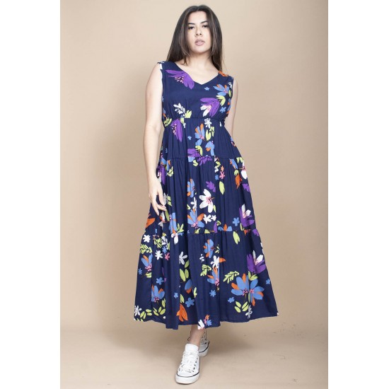 Vestido Regata Longo Peri Viscose Camadas Estampa Festa das Flores Azul