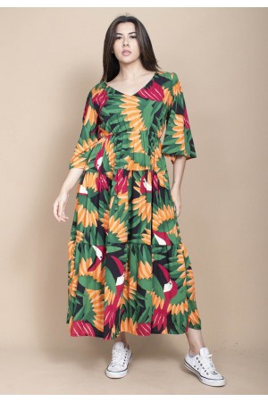 Vestido Longo Plano com Manga e Camadas Estampa Festa dos Tucanos