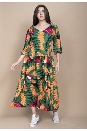 Vestido Longo Plano com Manga e Camadas Estampa Festa dos Tucanos