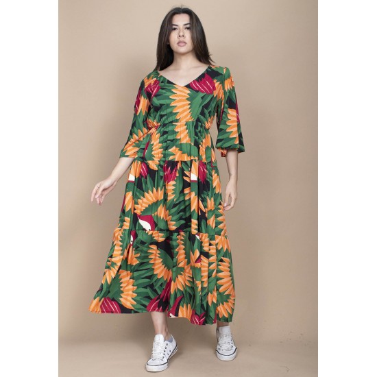 Vestido Longo Plano com Manga e Camadas Estampa Festa dos Tucanos