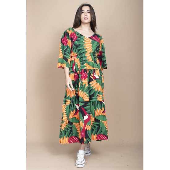 Vestido Longo Plano com Manga e Camadas Estampa Festa dos Tucanos