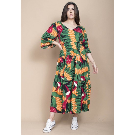Vestido Longo Plano com Manga e Camadas Estampa Festa dos Tucanos