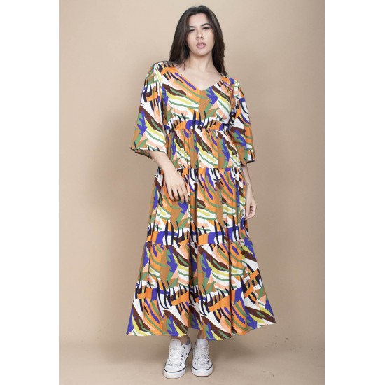 Vestido Longo Plano com Manga e Camadas Estampa Cores Vibrante