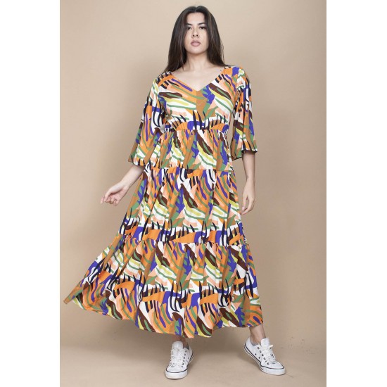 Vestido Longo Plano com Manga e Camadas Estampa Cores Vibrante