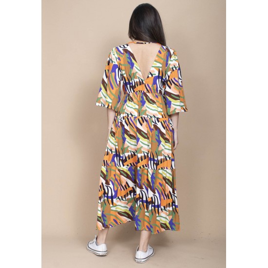Vestido Longo Plano com Manga e Camadas Estampa Cores Vibrante