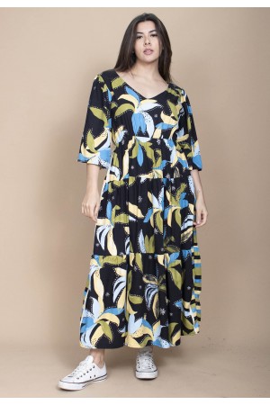 Vestido Longo Plano com Manga e Camadas Estampa Jardim Noturno
