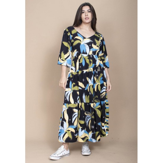 Vestido Longo Plano com Manga e Camadas Estampa Jardim Noturno