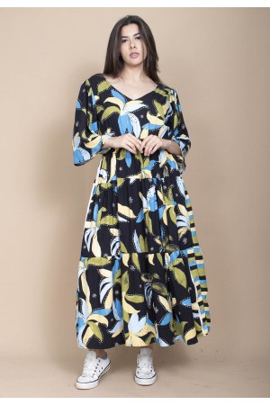 Vestido Longo Plano com Manga e Camadas Estampa Jardim Noturno