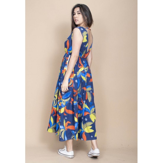 Vestido Regata Longo Peri Viscose Camadas Estampa Maré Vibrante