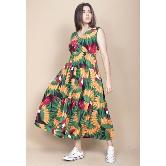 Vestido Regata Longo Peri Viscose Camadas Estampa Festas dos Tucanos